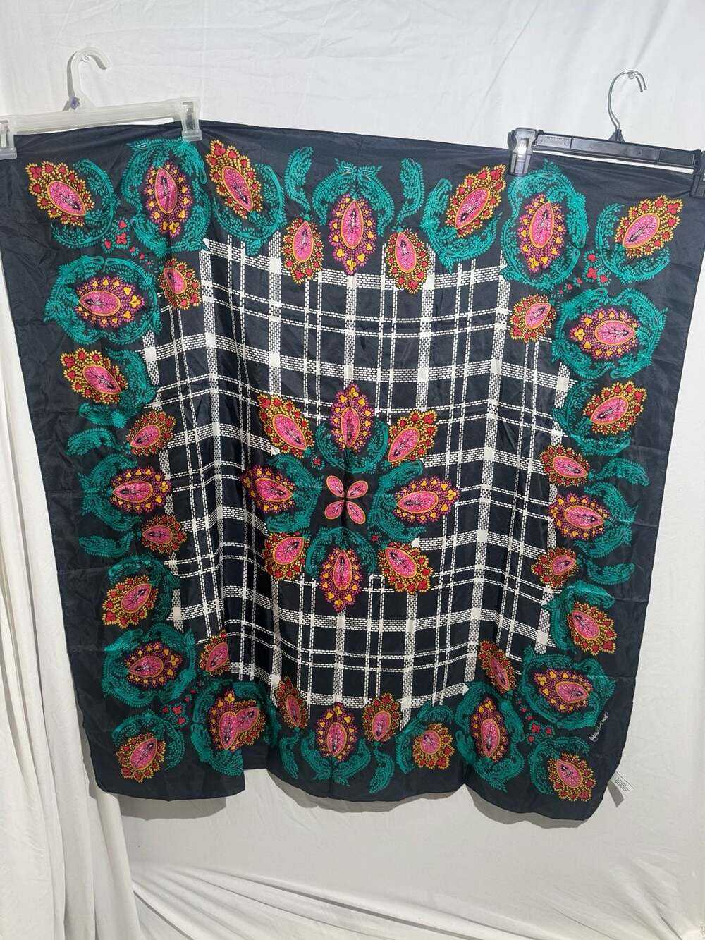 Diane Von Furstenberg Vintage Paisley Scarf Womens Black Teal Plaid Silk Neck Wr